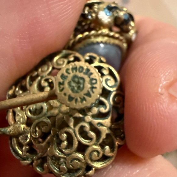 Elegant Gold and Blue Statement Clip On Czech Stamped Earrings - Picture 8 of 8